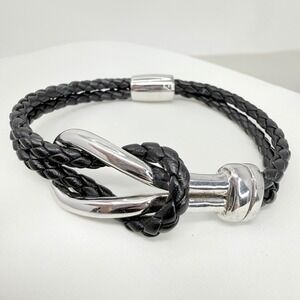 Milor Italy Sterling Silver Black Braided Leather Reef Knot Bracelet Clasp